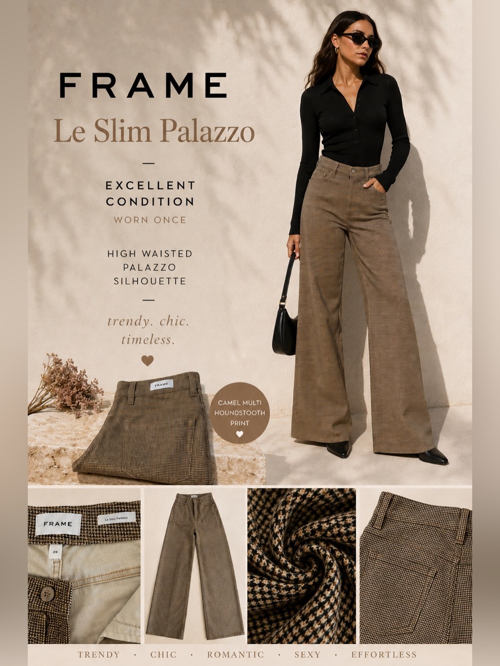 FRAME Le Slim Palazzo Jeans 29 Camel Houndstooth High Rise Wide Leg Pants